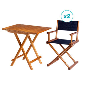 Pack teak table and two blue navy armchairs