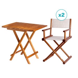 Pack of teak table and two beige armchairs