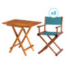 Pack of teak table and two turquoise armchairs