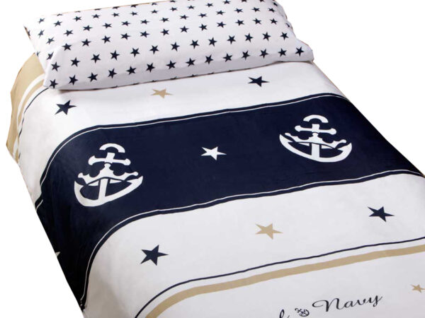 Duvet cover and pillowcase for single bed with navy design