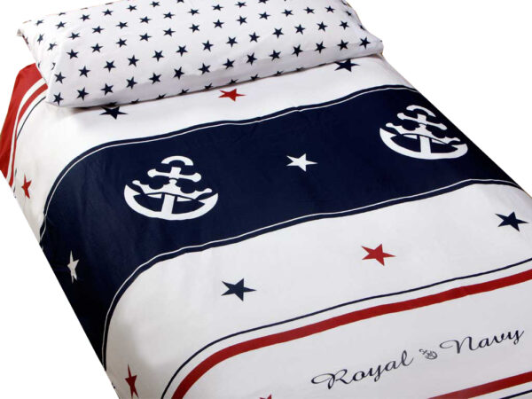 Duvet cover and pillowcase for single bed with navy design and red detailing