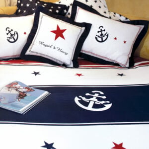 Copripiumino e federa per letto singolo con design navy e dettagli in rosso